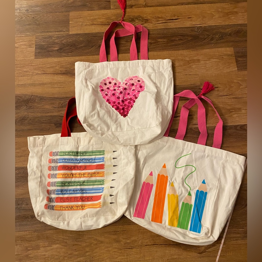 Lot of Three Unbranded Teacher Canvas Tote Shoulder Bags